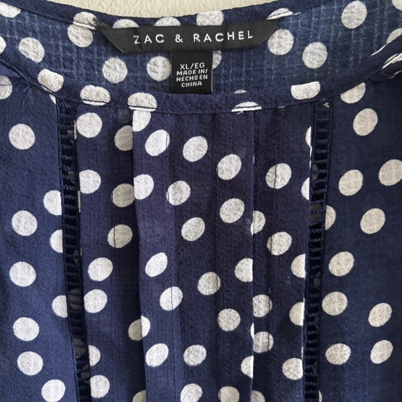 Zac & Rachel Off Shouldered Front Pleated Loose Fit Blouse (XL) Navy Polka Dot - Picture 7 of 10